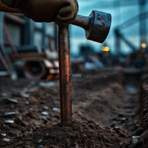 Фото по теме: Забивание нового стержня заземления кувалдой